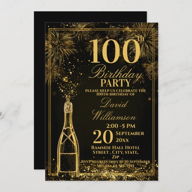 Elegant 100th Birthday Gold Bottle Fizz Invitation (Front/Back)