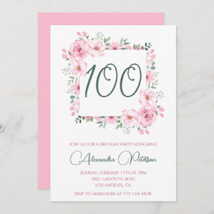 Elegant 100th birthday invitations Floral  Pink