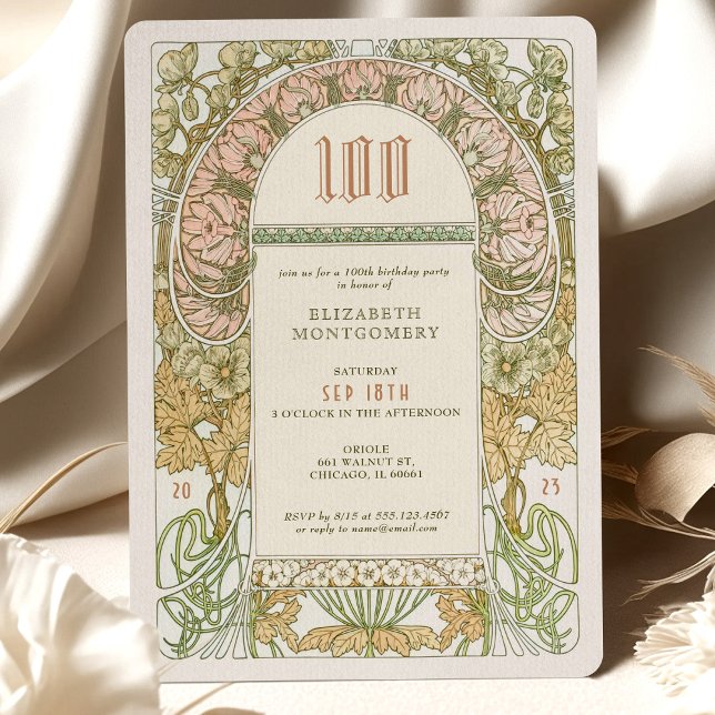 Elegant 100th Birthday Invite Art Nouveau Mucha (Creator Uploaded)
