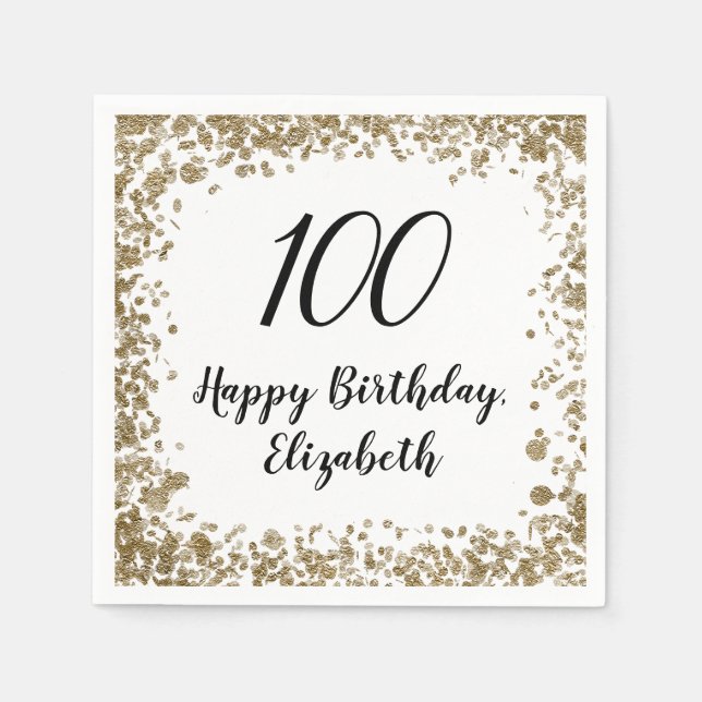 Elegant 100th Birthday Napkins With Gold Sequins (Front)