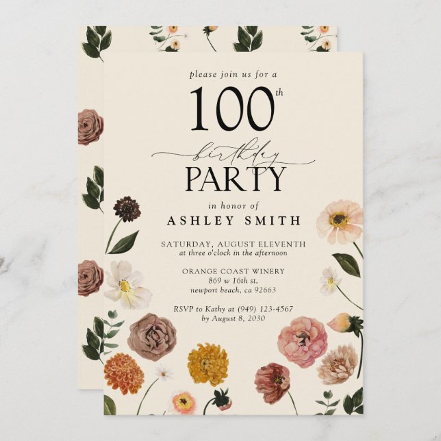 Elegant 100th Birthday Party Terracotta Flowers  Invitation (Front/Back)