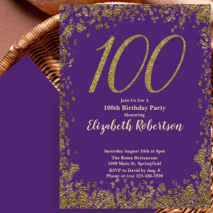 Elegant 100th Purple Birthday Invitation Gold