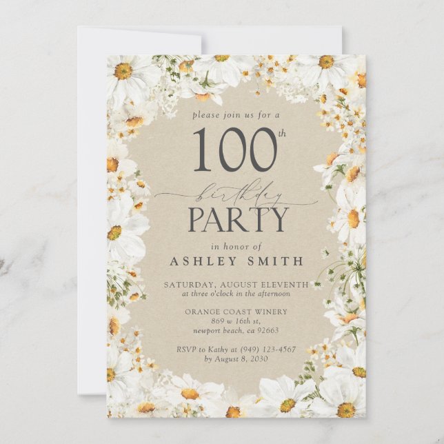 Elegant 100th Watercolor Floral Daisy Birthday  Invitation (Front)