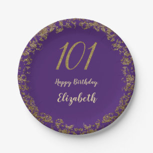 Elegant 101st Birthday Purple and Gold Paper Plate