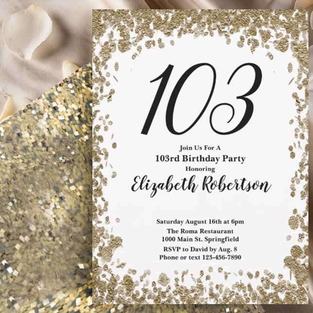 Elegant 103rd Birthday Invitation For Her in Gold (Creator Uploaded)