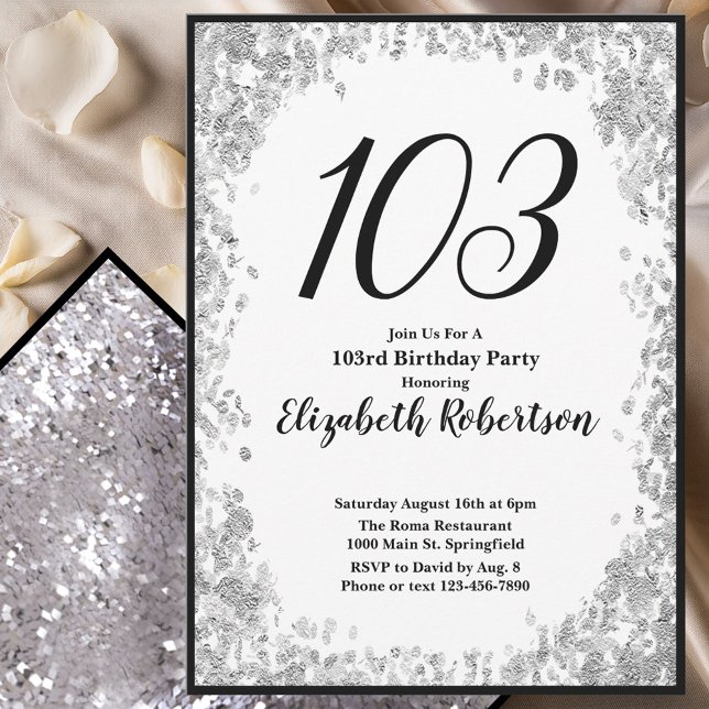Elegant 103rd Birthday Invitation Silver and Black (Creator Uploaded)