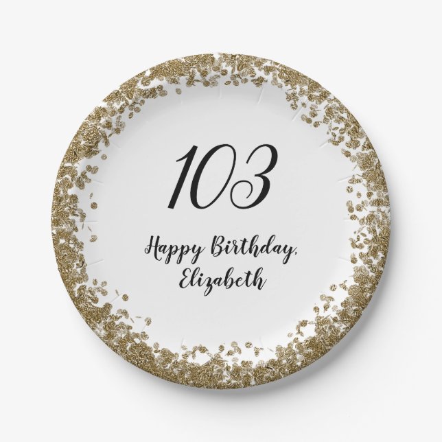 Elegant 103rd Birthday Plates With Gold Sequins (Front)