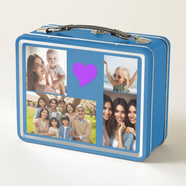 Elegant 10 Family Photos, Pink Purple Hearts, Blue Metal Lunch Box (Back)