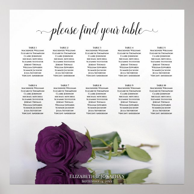 Elegant 10 Table Plum Purple Rose Seating Chart (Front)