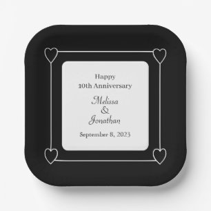 Elegant 10th Anniversary Romantic Hearts Black Paper Plate