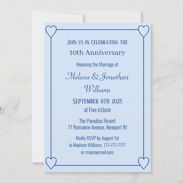 Elegant 10th Anniversary Romantic Hearts Blue Invitation (Front)