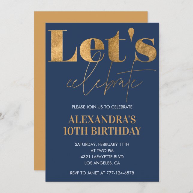 Elegant 10th birthday invitations Navy Gold  (Front/Back)