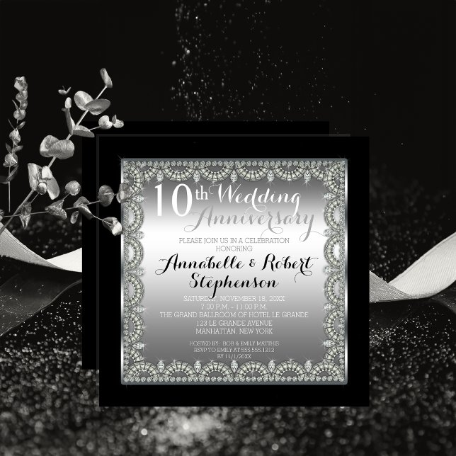 Elegant 10th Silver and Diamonds Anniversary Invitation (Elegant 10th Silver Tone Tin-Look and Faux Printed Diamonds Anniversary Square Invitation Print Digi)