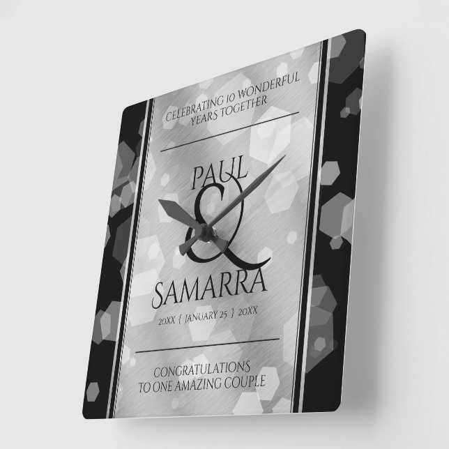 Elegant 10th Tin Wedding Anniversary Acrylic Square Wall Clock (Angle)