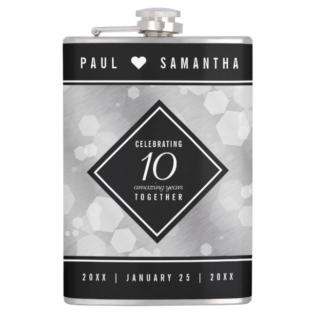 Elegant 10th Tin Wedding Anniversary Celebration Hip Flask (Front)