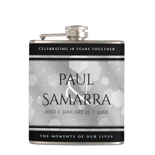 Elegant 10th Tin Wedding Anniversary Celebration Hip Flask (Front)
