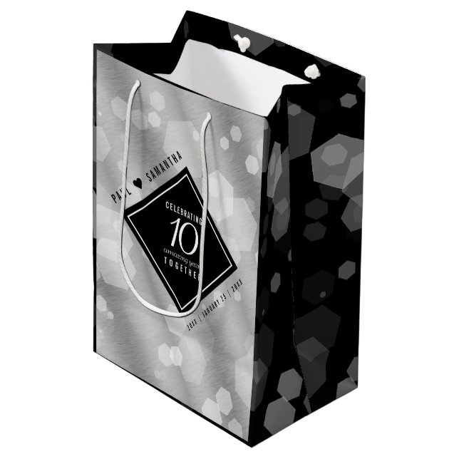 Elegant 10th Tin Wedding Anniversary Celebration Medium Gift Bag (Front Angled)