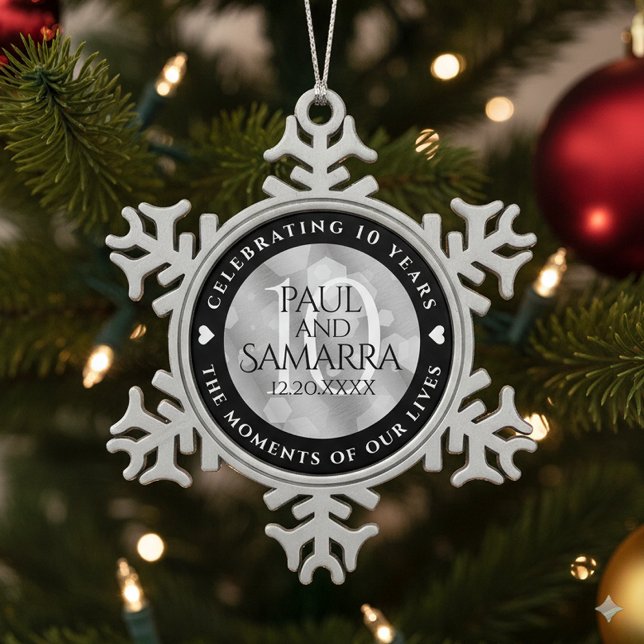 Elegant 10th Tin Wedding Anniversary Celebration Snowflake Pewter Christmas Ornament (10th Tin Wedding Anniversary Snowflake Pewter Ornament Cover Photo)