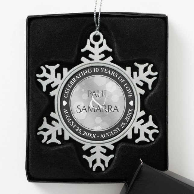Elegant 10th Tin Wedding Anniversary Celebration Snowflake Pewter Christmas Ornament (Box)