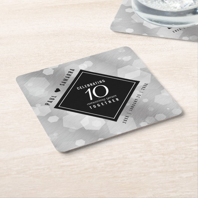 Elegant 10th Tin Wedding Anniversary Celebration Square Paper Coaster (Angled)