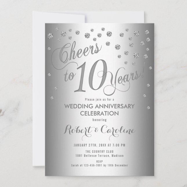 Elegant 10th Wedding Anniversary - Silver White Invitation (Front)