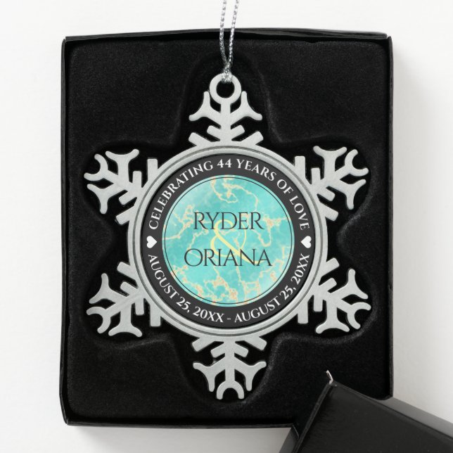 Elegant 11th 44th Turquoise Wedding Anniversary Snowflake Pewter Christmas Ornament (Box)