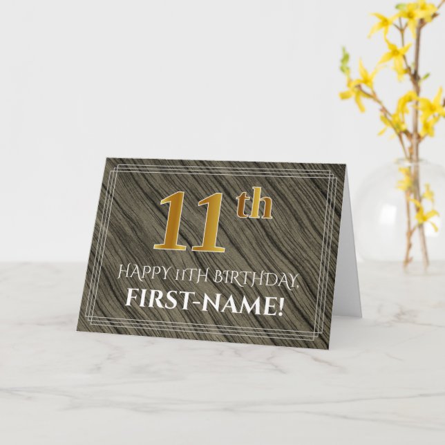 Elegant 11th Birthday: Faux Wood, Faux Gold Look Card (Yellow Flower)