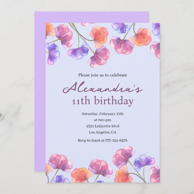 Elegant 11th birthday invitations Boho Floral Chic (Front/Back)