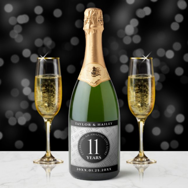 Elegant 11th Steel Wedding Anniversary Celebration Sparkling Wine Label (Creator Uploaded)