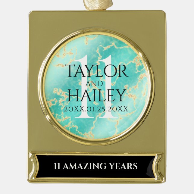Elegant 11th Turquoise Wedding Anniversary Gold Plated Banner Ornament (Front)