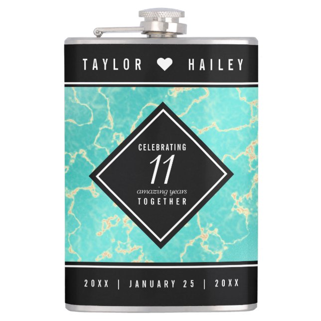 Elegant 11th Turquoise Wedding Anniversary Hip Flask (Front)