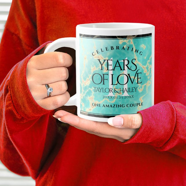 Elegant 11th Turquoise Wedding Anniversary Large Coffee Mug (11th Wedding Anniversary Jumbo Coffee Mug Cover Photo (Turquoise))