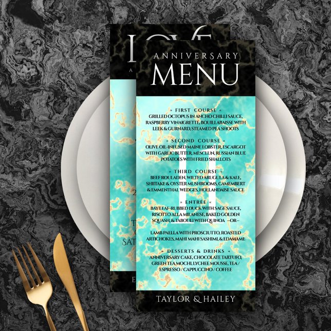 Elegant 11th Turquoise Wedding Anniversary Menu (Elegant 11th Turquoise Wedding Anniversary Menu Rack Card Cover Photo.)