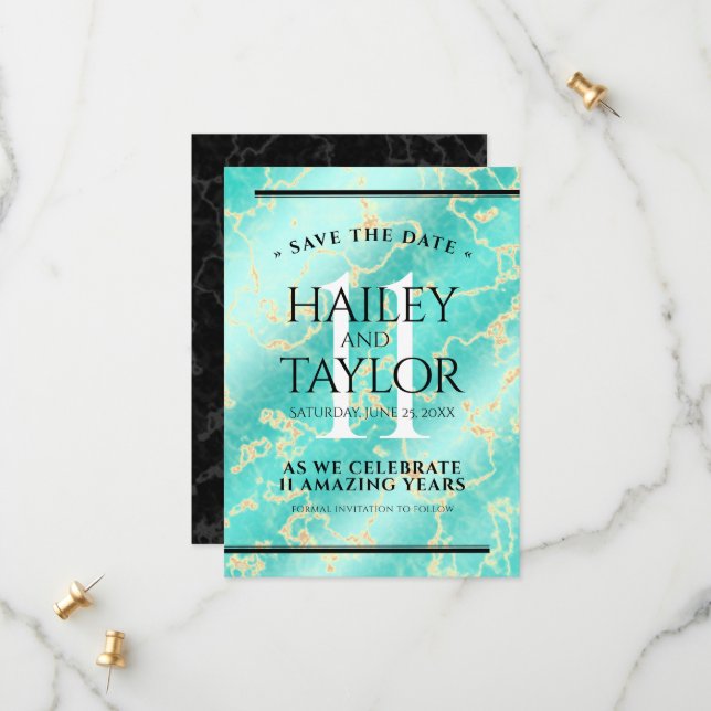 Elegant 11th Turquoise Wedding Anniversary Save The Date (Front/Back In Situ)