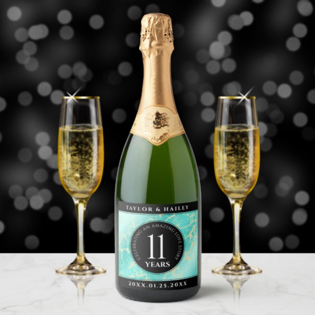 Elegant 11th Turquoise Wedding Anniversary Sparkling Wine Label (Creator Uploaded)