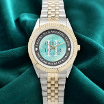 Elegant 11th Turquoise Wedding Anniversary Watch<br><div class="desc">Celebrate the 11th turquoise wedding anniversary with this commemorative watch! Elegant lettering on a yellow marble and greenish blue background add a memorable touch for this special occasion and milestone. Customise with couple's names,  dates of marriage,  and congratulatory messages.

Design © W.H. Sim. See more at zazzle.com/expressionsoccasions</div>
