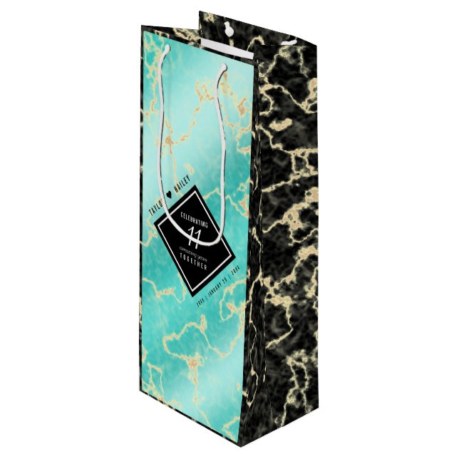 Elegant 11th Turquoise Wedding Anniversary Wine Gift Bag (Front Angled)