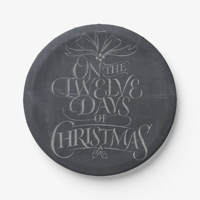 Elegant 12 Days of Christmas Calligraphy Paper Plate (Front)