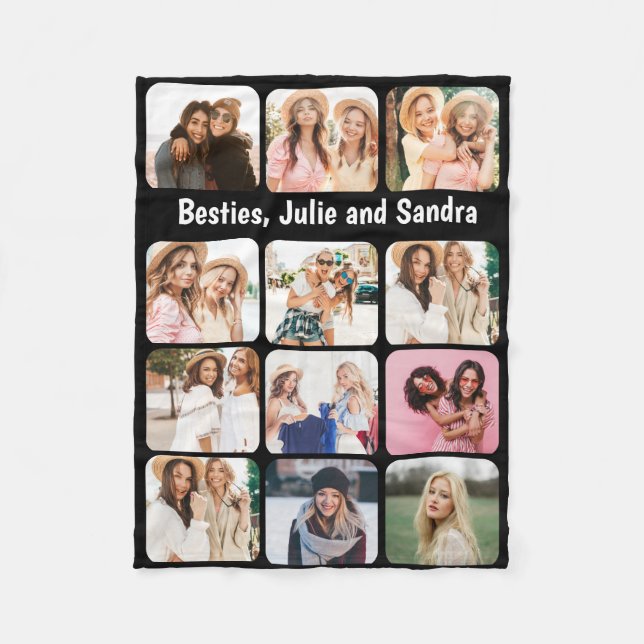 Elegant 12 Photo Collage Personalised Black Fleece Blanket (Front)