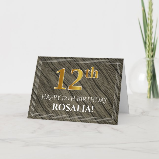 Elegant 12th Birthday: Faux Wood, Faux Gold Look Card (Front)