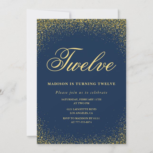 Elegant 12th birthday invitation Gold Navy Glam (Front)
