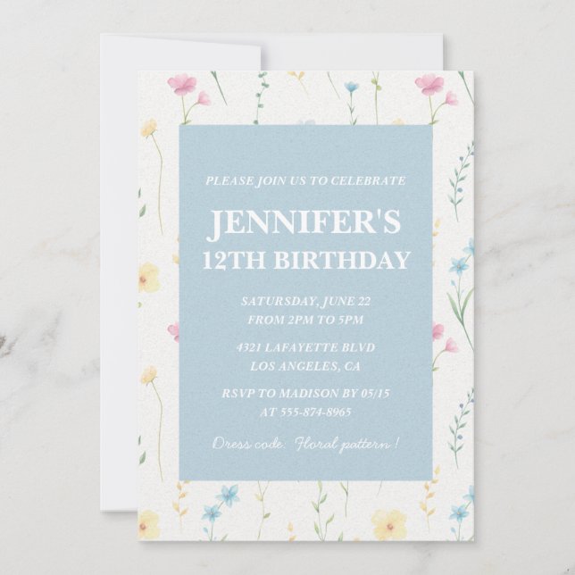 Elegant 12th birthday invitations Floral Boho Chic (Front)
