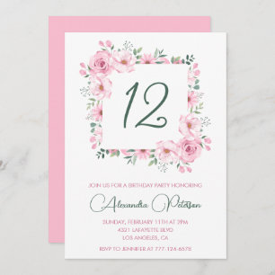 Elegant 12th birthday invitations Floral Pink