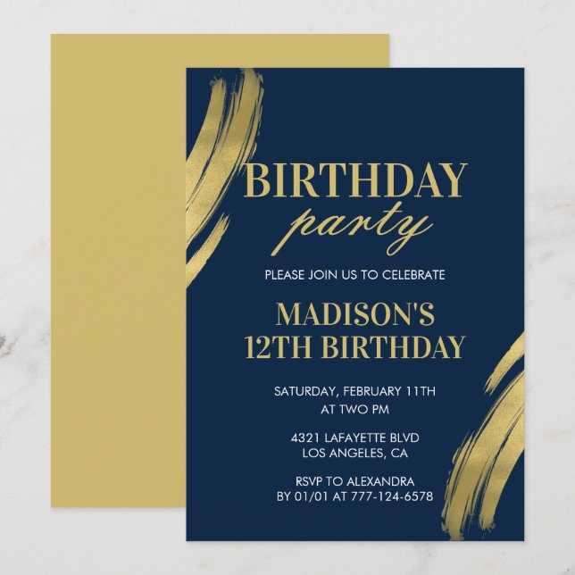 Elegant 12th birthday invitations Party Girl Navy (Front/Back)