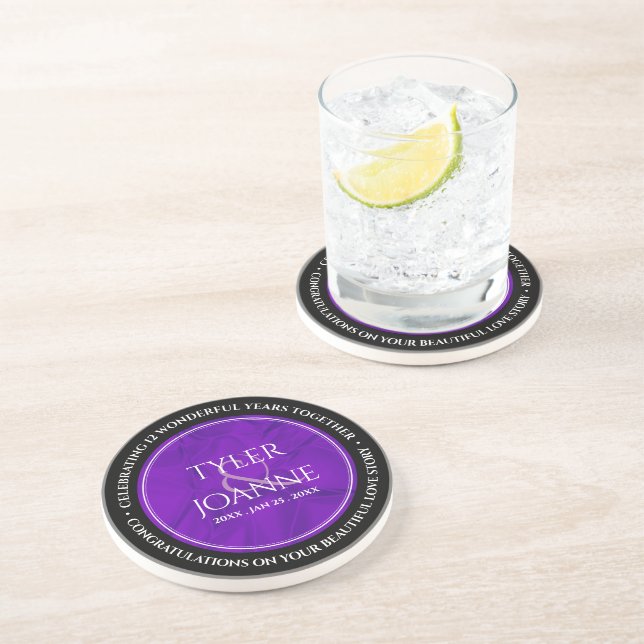 Elegant 12th Silk Wedding Anniversary Celebration Coaster (Side)