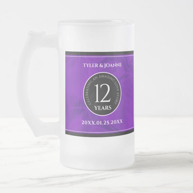 Elegant 12th Silk Wedding Anniversary Celebration Frosted Glass Beer Mug (Left)