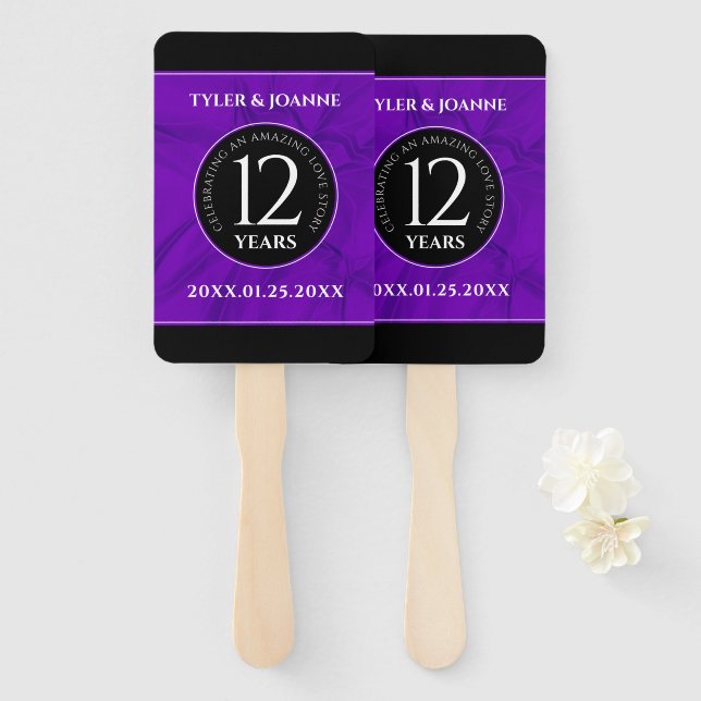 Elegant 12th Silk Wedding Anniversary Celebration Hand Fan (Front and Back)