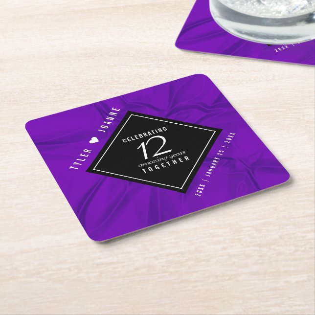 Elegant 12th Silk Wedding Anniversary Celebration Square Paper Coaster (Angled)