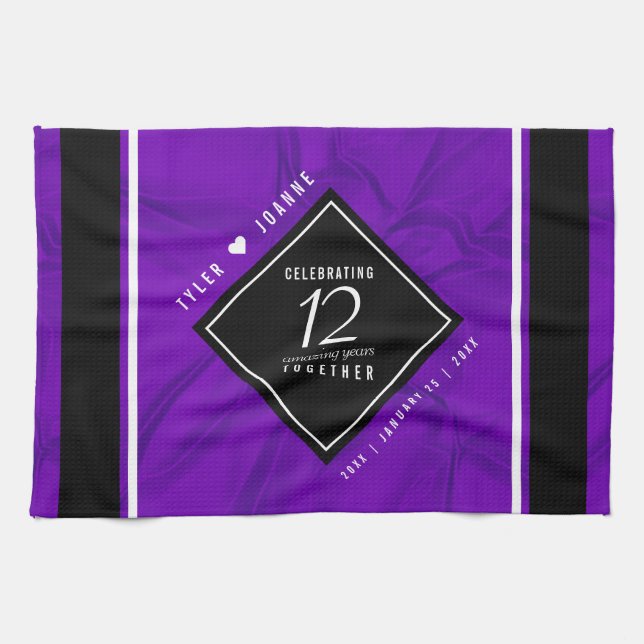 Elegant 12th Silk Wedding Anniversary Celebration Tea Towel (Horizontal)