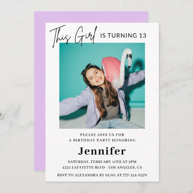 Elegant 13th birthday invitation Photo Girl Modern (Front/Back)